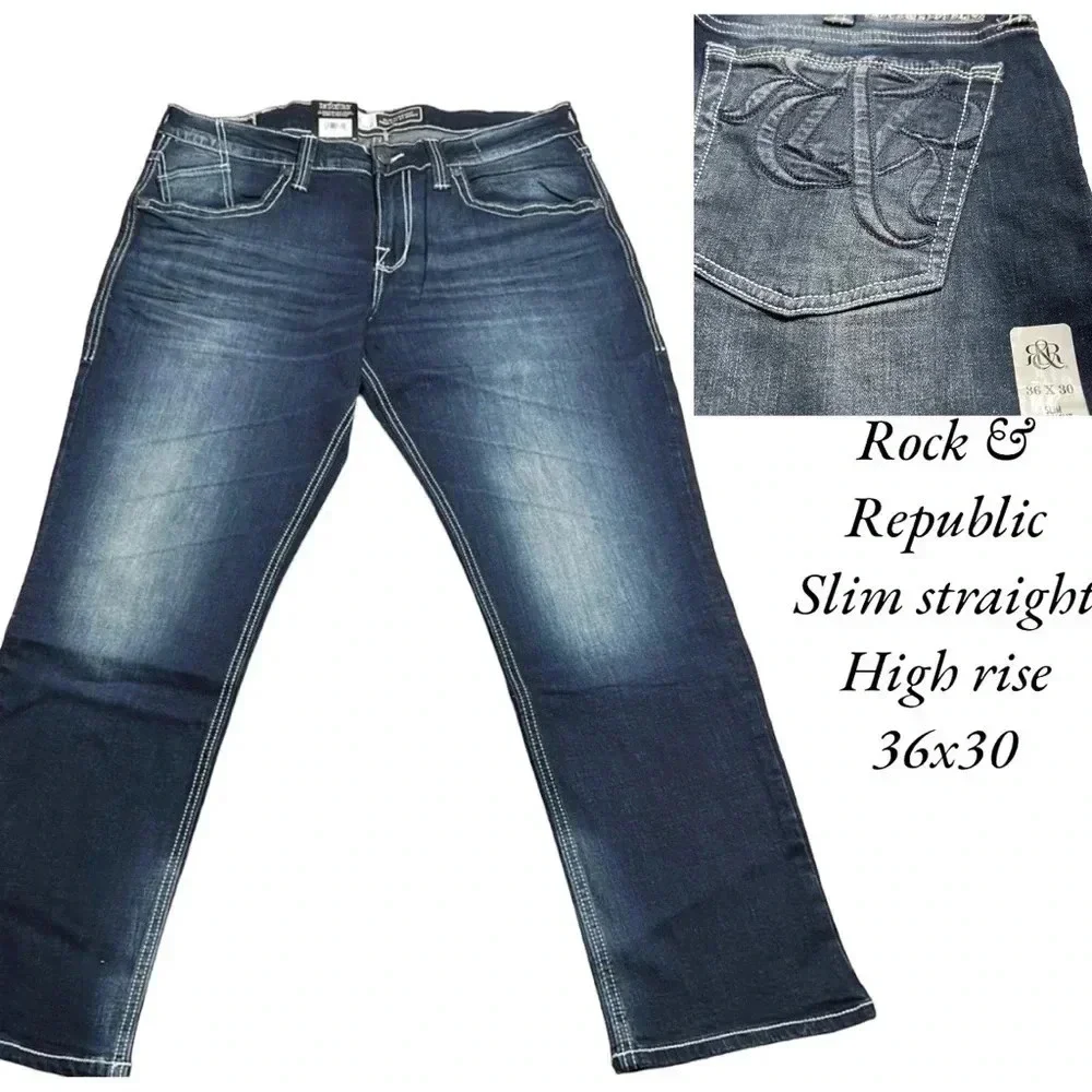 ROCK & REPUBLIC men jean,NWT 36x30 slim straight,blue,manufactured fading EC NWT - Picture 2 of 10